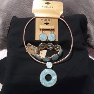 Monet gold tone and mint green stone set